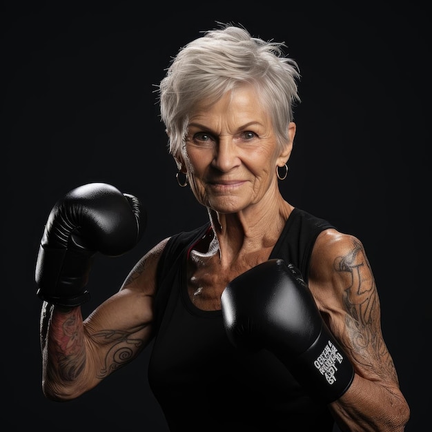 Older female boxer with tattoos and black gloves