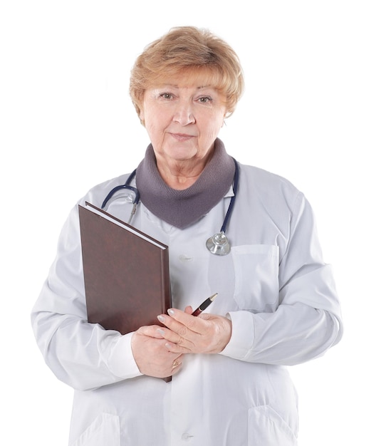 Older female therapist with a clipboardisolated on white background