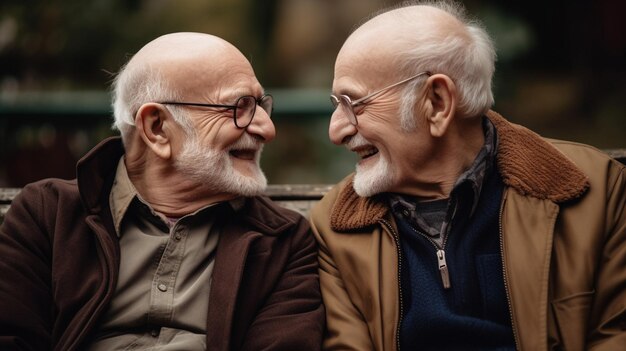 An older gay couple sitting on park bench Generative AI image