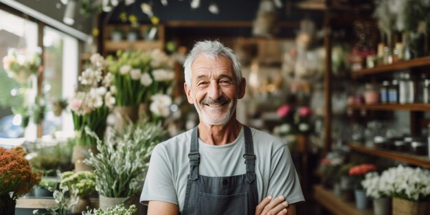 an older grayhaired florist standing in his shop