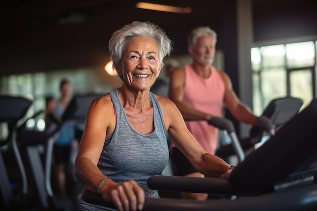 Пожилая седая женщина тренируется в спортзале, сгенерированный Ай