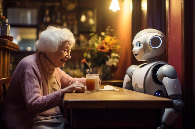 Photo an older lady petging her robot