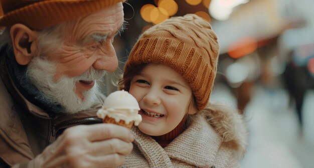 写真 アイスクリームを食べている年配の男と少女