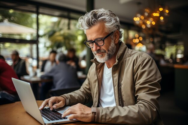 Photo older man dressed casually with beard works with his laptop in a coffee shop