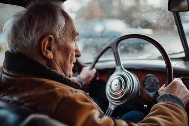 写真 雨の中で車を運転する年配の男性