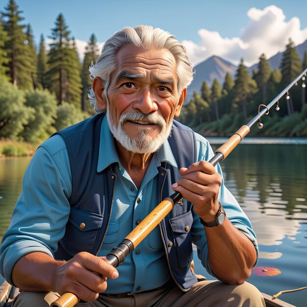 Photo an older man fishing on a lake