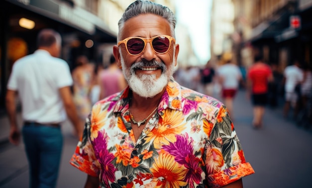 Photo an older man in a floral shirt standing on the street