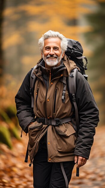 Older man hiking in nature with a walking stick