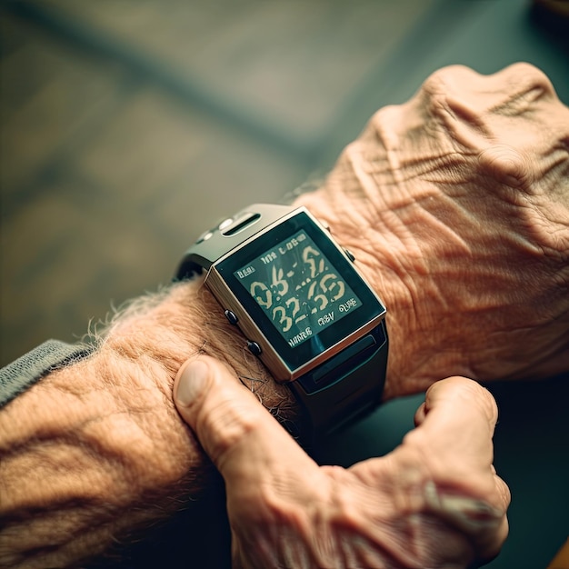 An older man holding a watch on his hand