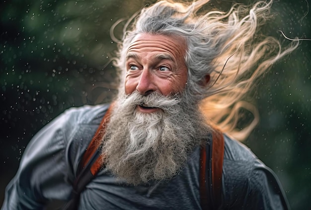 older man jogging with a beard in the style of forestpunk