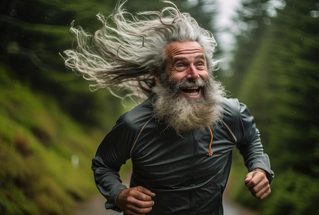 フォレスト パンクのスタイルでひげを生やしてジョギングする年配の男性