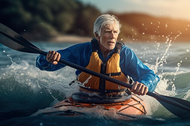 Older man kayaking in the ocean