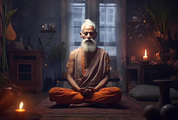 older man meditating in the room in the living with lights in the style of charming realism