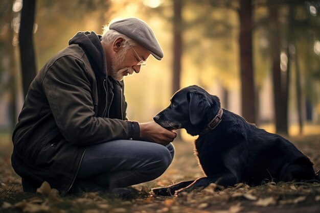 older man petting his black dog in the park