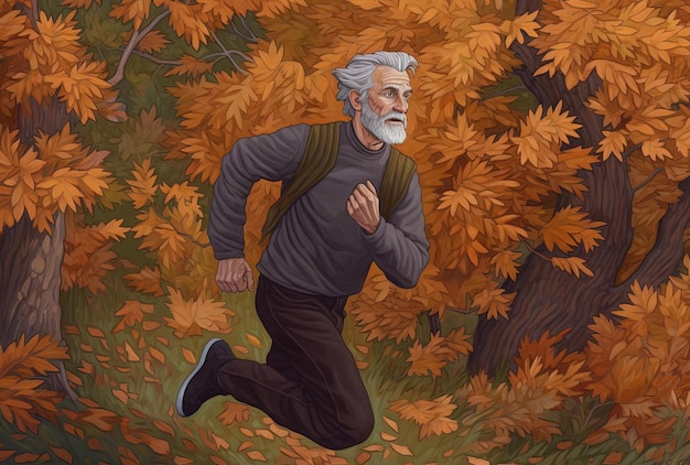 пожилой человек бежит по лесистой местности в стиле happycore
