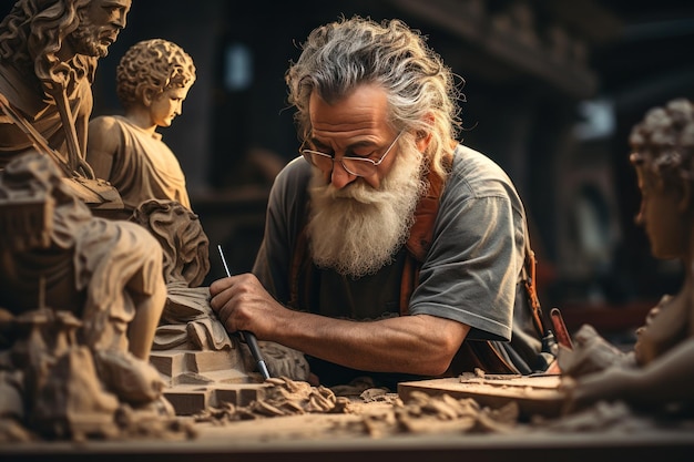 Скульптор старшего мужчины создает скульптуру из глины человеческой модели Generate With Ai