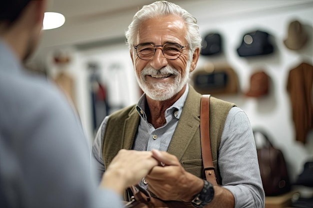 An older man shaking hands with a woman in a Generative Ai