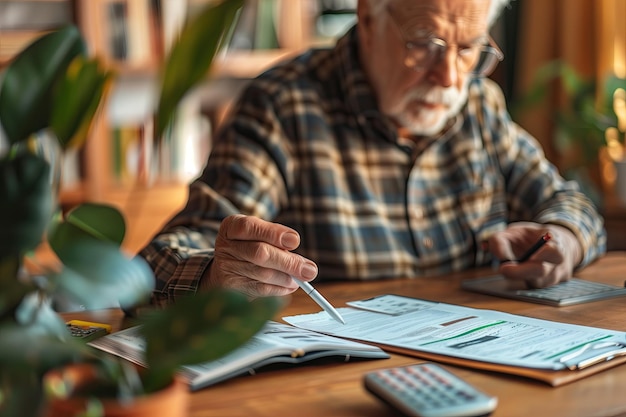 Foto un uomo anziano si siede a un tavolo con una calcolatrice e una calculatrice