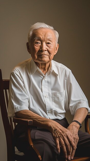 Photo an older man sitting in a chair with his hands on his knees