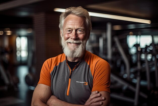 an older man smiling in a gym in the style of norwegian nature