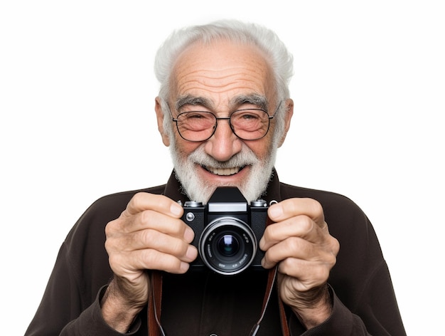 Foto uomo anziano che sorride con una macchina fotografica d'epoca nelle mani sullo sfondo bianco