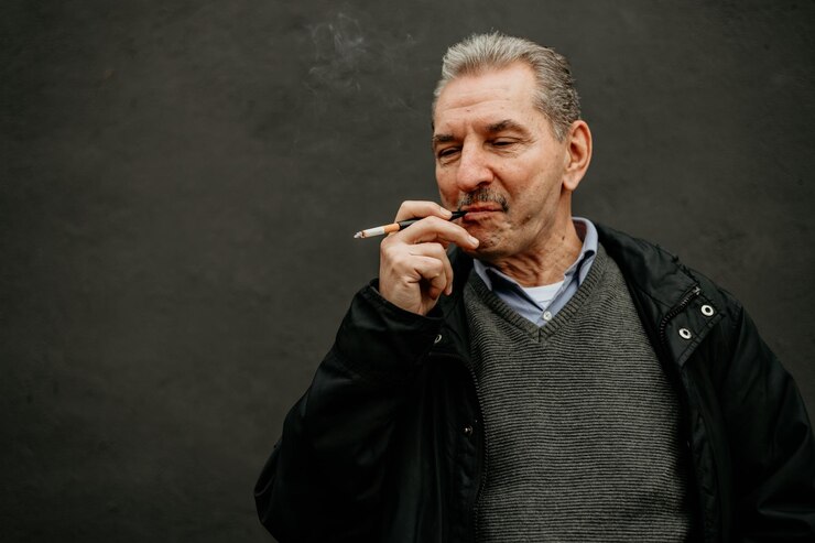 Photo older man smoking cigarette against grey wall
