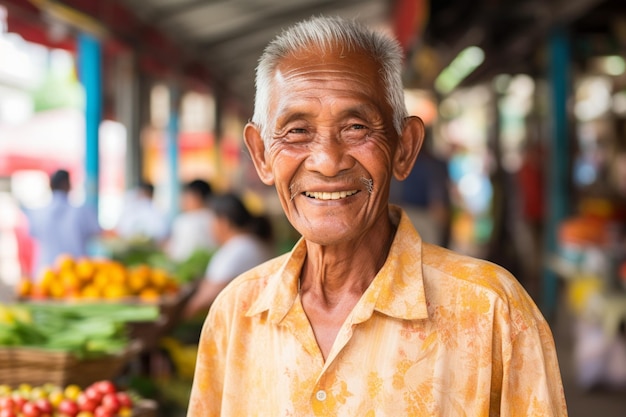 Older man standing in front of a fruit stand