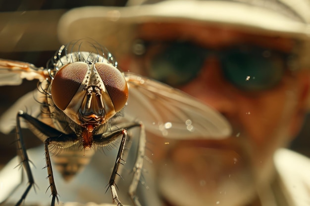 Older man wearing hat and glasses observing a fly in the foreground for study