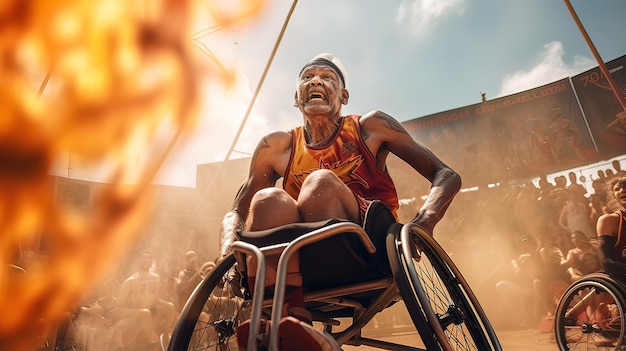 Foto un uomo anziano in sedia a rotelle che gioca a basket professionalmente