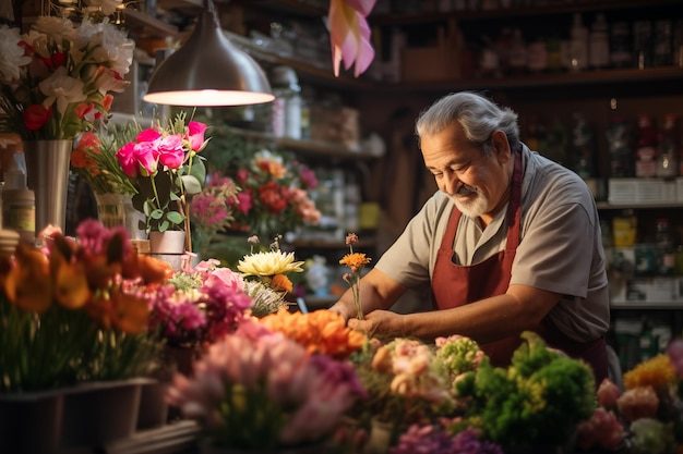 An older man who owns a flower shop works carefully preparing a bouquet of flowers