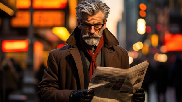 An older man with a beard and glasses is reading a newspaper ai