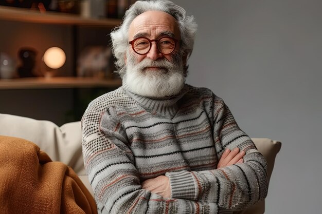 Older man with beard and glasses relaxing at living room