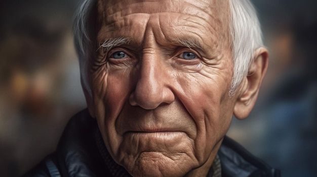 An older man with blue eyes and a black leather jacket