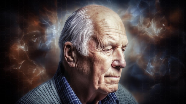 An older man with a blue shirt and gray hair stands in front of a background of smoke and smoke.