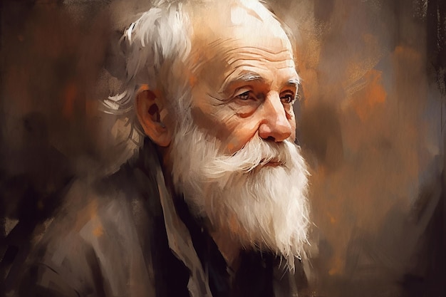 Older man with gray hair and beard portrait painted in watercolor on textured paper