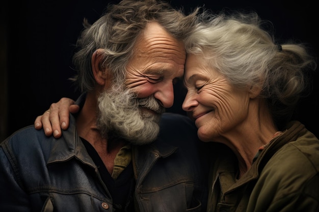 An older man and woman embracing on dark background