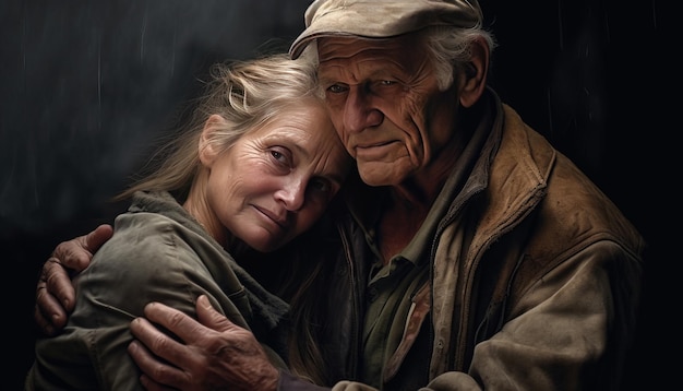 暗い背景で抱きしめる年配の男性と女性ジェネレーティブAI
