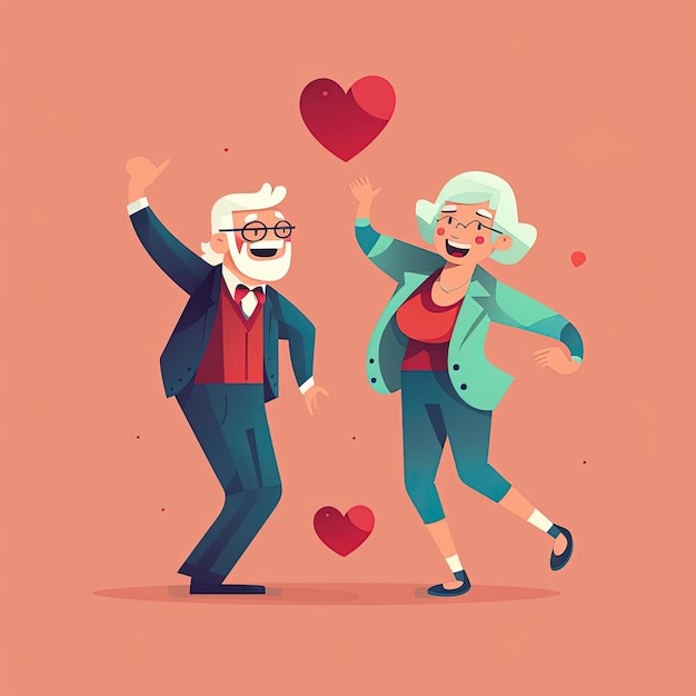 an older man and woman on valentines day in a heart shaped figure in the style of playful