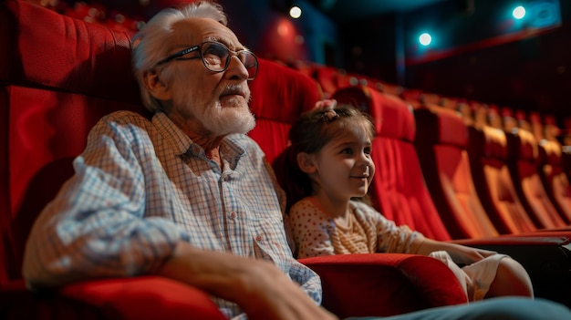 Older man and young girl watching film in theater