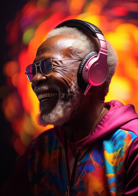 An older person with headphones listening to music