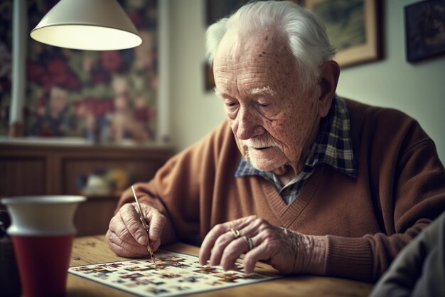 An older retired man tries to solve a puzzle a mental exercise to stay young Ai generated