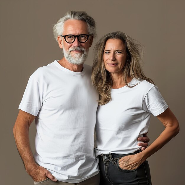 Photo an older wiser pair against a white backdrop wearing matching mockup white tshirts generative ai