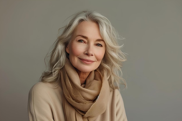 Older woman in beige scarf