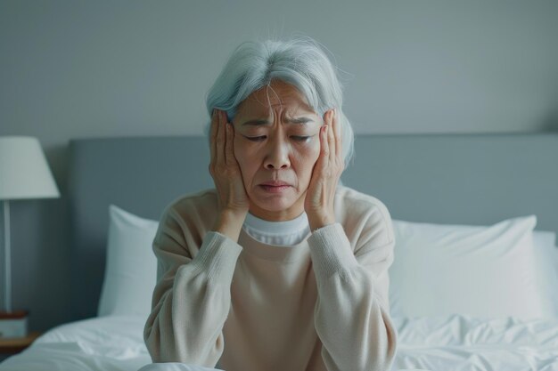 Photo older woman copes with morning headache and migraine pain