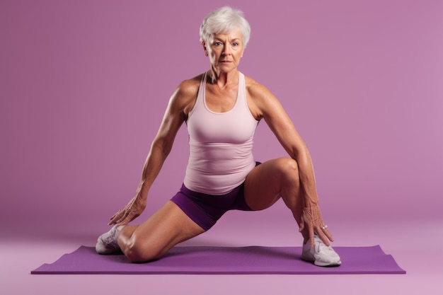 Пожилая женщина демонстрирует позу йоги на фиолетовом коврике, способствующую физической форме и гибкости