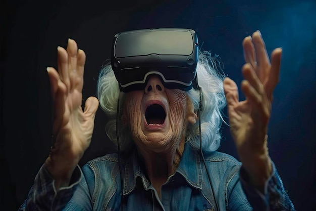 驚きや興奮を示す仮想現実技術を利用する年配の女性