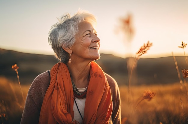 Photo an older woman focuses on her chest in the style of serene landscapism