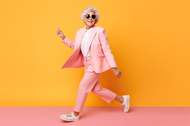 Older woman in funny and colorful clothes smiles and shows active and vitality Ai generated