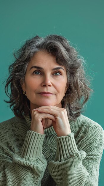 An older woman in a green sweater posing for the camera