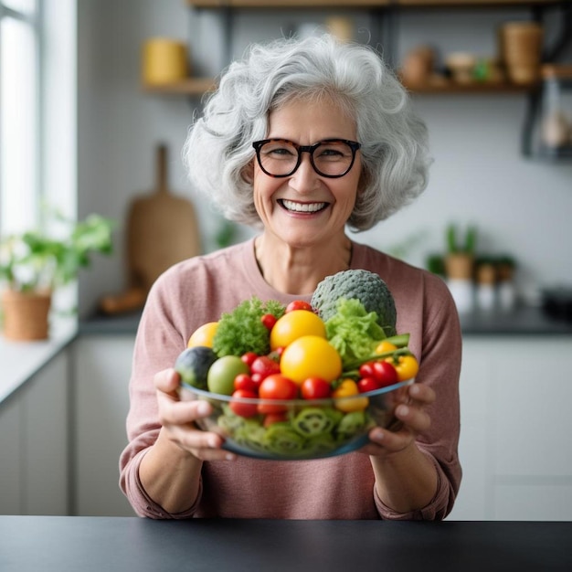 an older woman holding a bowl of vegetables